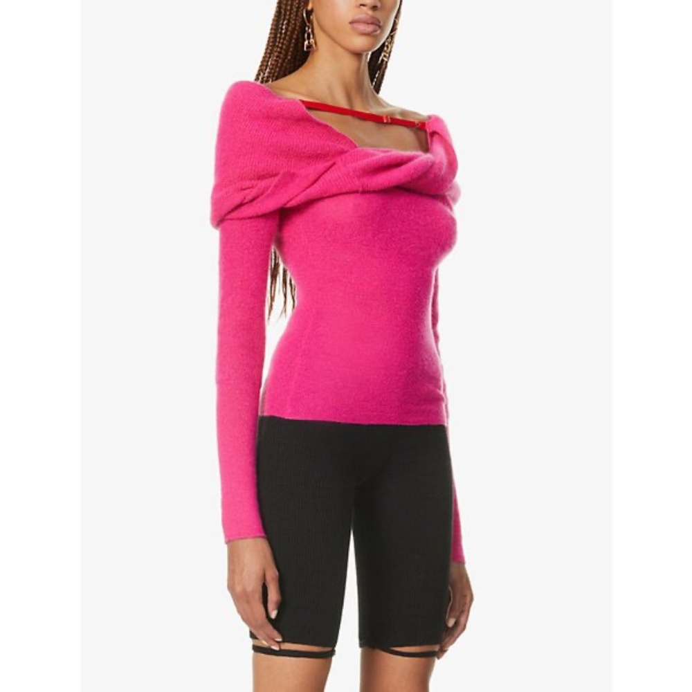 Jacquemus La Maille Ascua Off Shoulder Pink Long Sleeve Knit Top Sweater sz 36